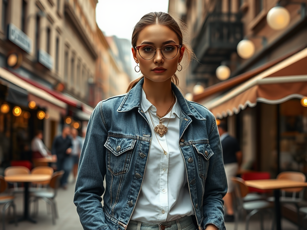 Un tânăr cu o jachetă din denim și o cămașă albă pozează pe o stradă plină de cafenele.