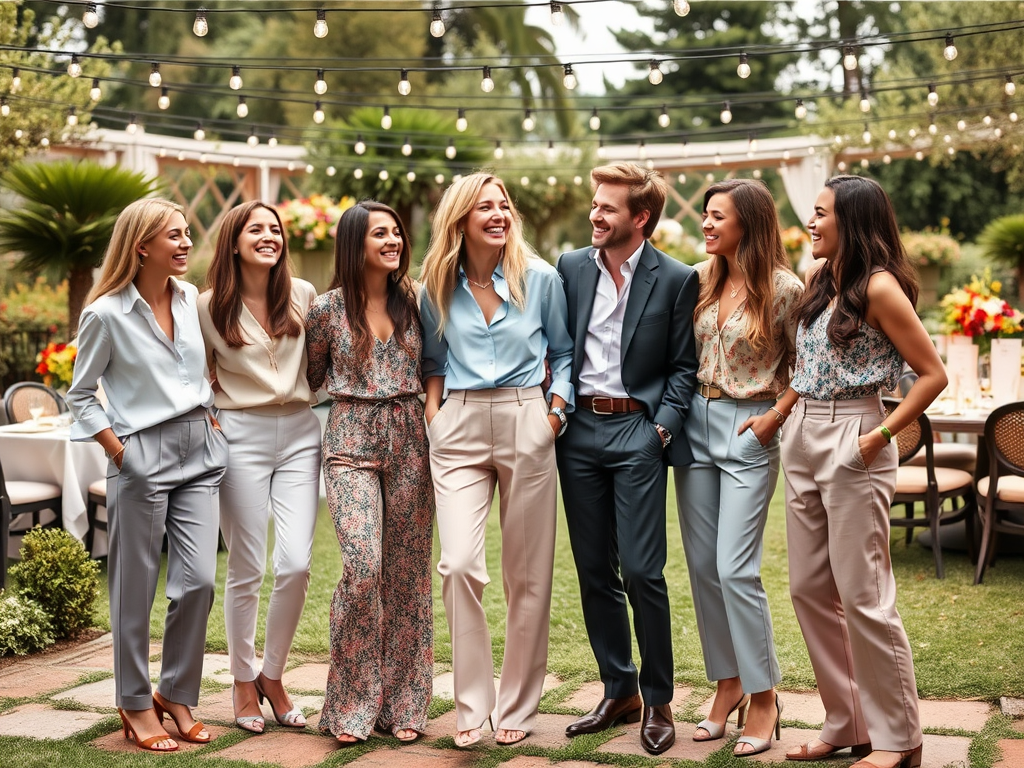Un grup de tineri zâmbitori, îmbrăcați elegant, într-o grădină decorată cu luminițe și flori.
