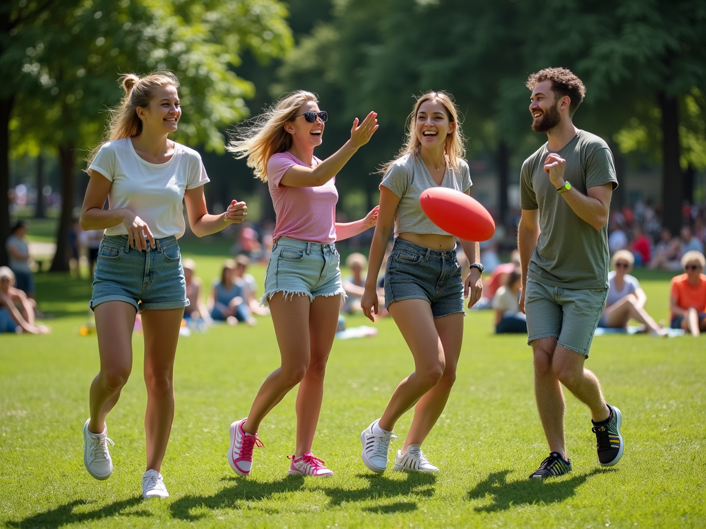 Patru tineri veseli joacă cu o minge frisbee în parc, într-o zi însorită.